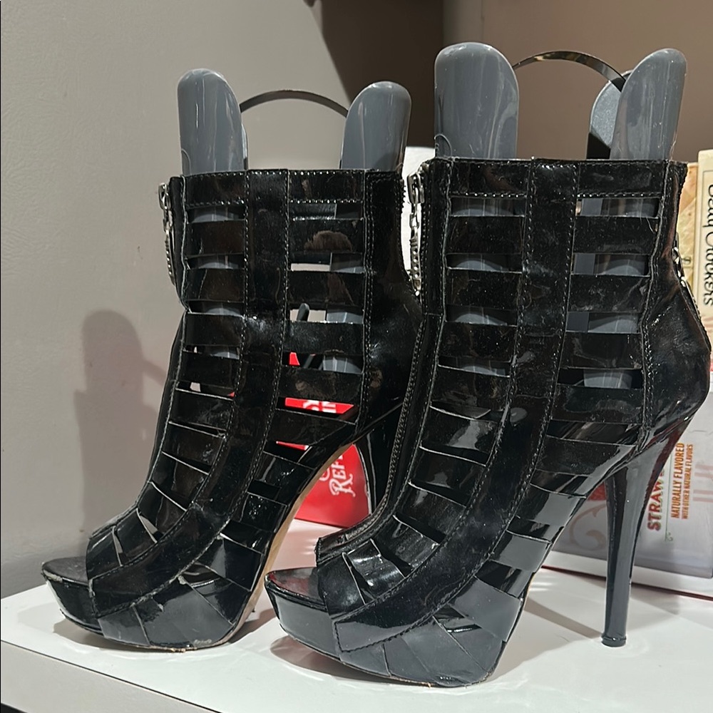 Black Patent Cage Peep-Toe Platform Heels | Edgy & Chic